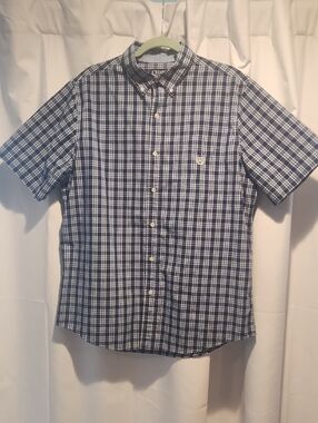 Chaps Navy and White Plaid Short-Sleeve Button-Down Shirt